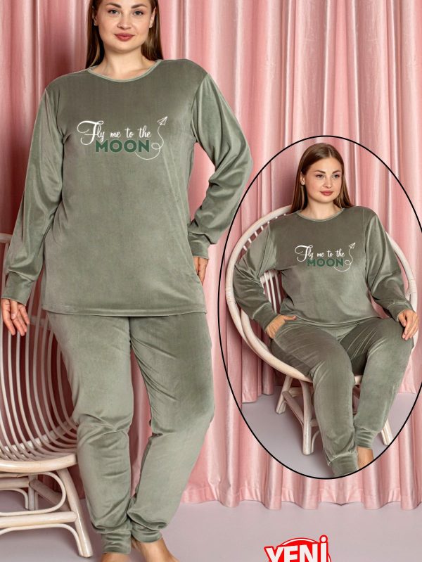 Yumuşak Dokulu Açık Yeşil  Renkli Fransız Kadife Pijama Takımı 28509 - 3XL