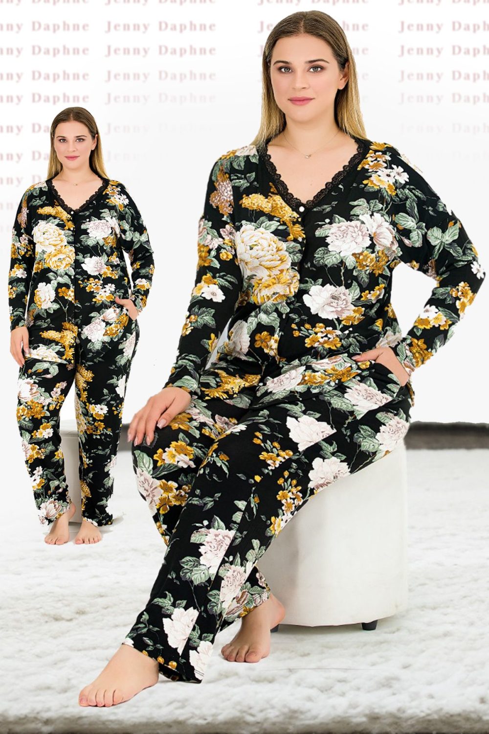 Çiçek Desenli Uzun Kollu Düğmeli Üst ve Alt Büyük Beden Viskon Kumaş Pijama Takımı 11378