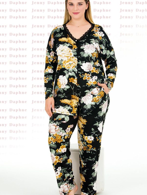 Çiçek Desenli Uzun Kollu Düğmeli Üst ve Alt Büyük Beden Viskon Kumaş Pijama Takımı 11378 - Görsel 3