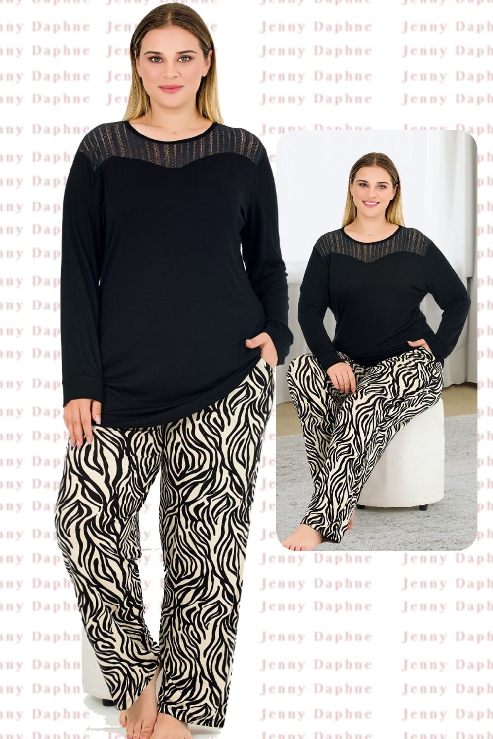 Zebra Desenli Yumuşacık Pijama Uzun Kollu Omuzlar Dantel Büyük Beden Viskon Pijama Takımı 11388