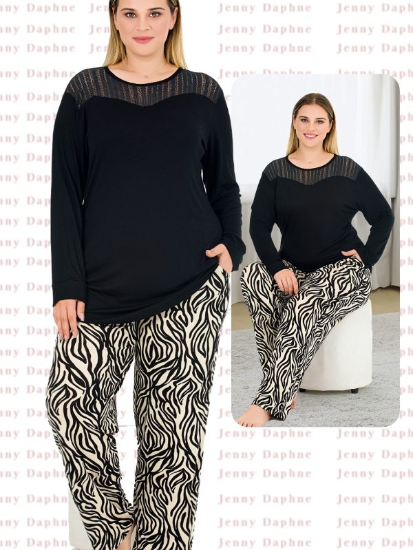 Zebra Desenli Yumuşacık Pijama Uzun Kollu Omuzlar Dantel Büyük Beden Viskon Pijama Takımı 11388 - 2XL