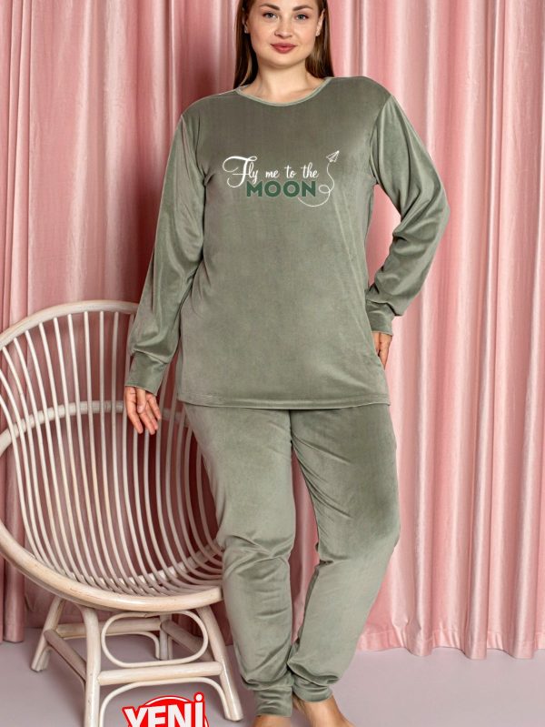 Yumuşak Dokulu Açık Yeşil  Renkli Fransız Kadife Pijama Takımı 28509 - Görsel 2
