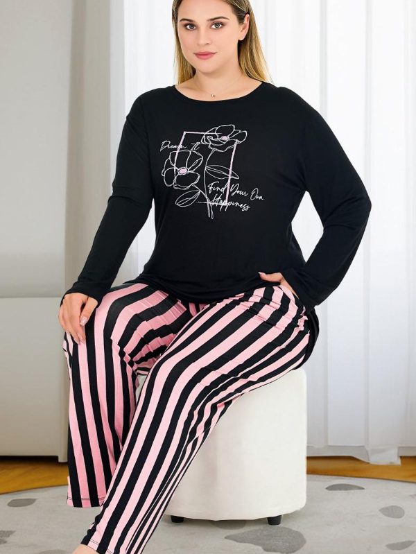 Çizgili Yumuşacık Pijama ve Uzun Kollu Siyah Üst Büyük Beden Viskon Kumaş Pijama Takımı 11382 - Görsel 2