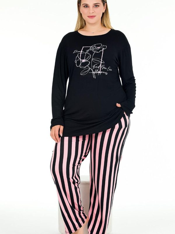 Çizgili Yumuşacık Pijama ve Uzun Kollu Siyah Üst Büyük Beden Viskon Kumaş Pijama Takımı 11382 - Görsel 3
