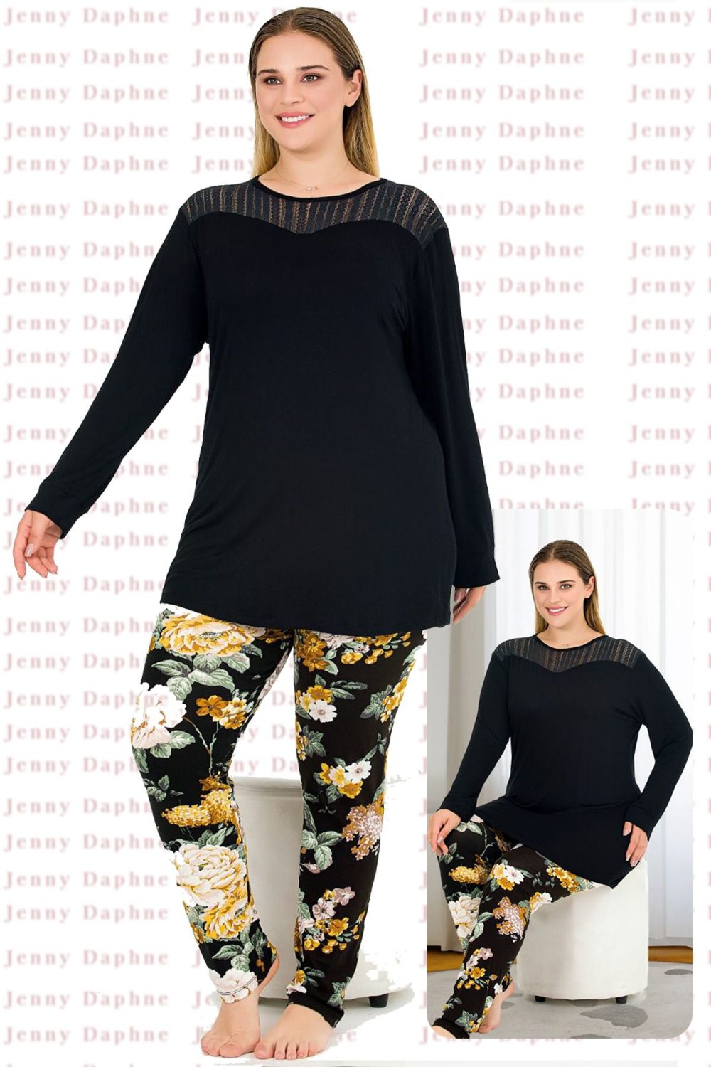 Çiçekli Yumuşacık Pijama ve Uzun Kollu Dantelli Omuz Üst Viskon Kumaş Pijama Takımı 11391