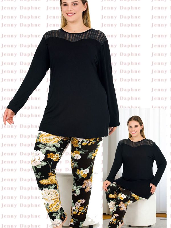 Çiçekli Yumuşacık Pijama ve Uzun Kollu Dantelli Omuz Üst Viskon Kumaş Pijama Takımı 11391 - 2XL