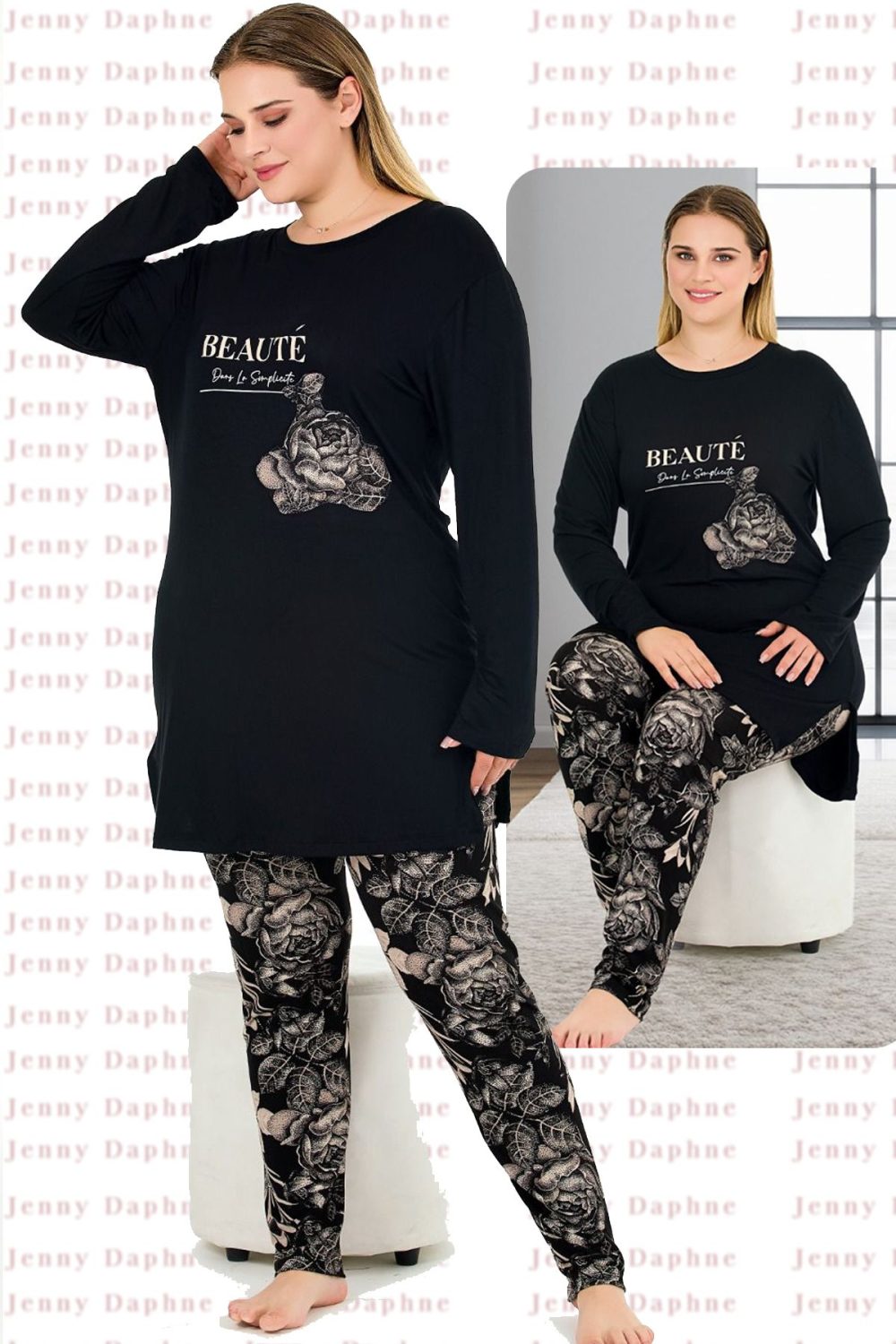 Çiçek Desenli Yumuşacık Pijama ve Uzun Kollu Bisiklet Yaka Üst  Viskon Kumaş Pijama Takımı 11394
