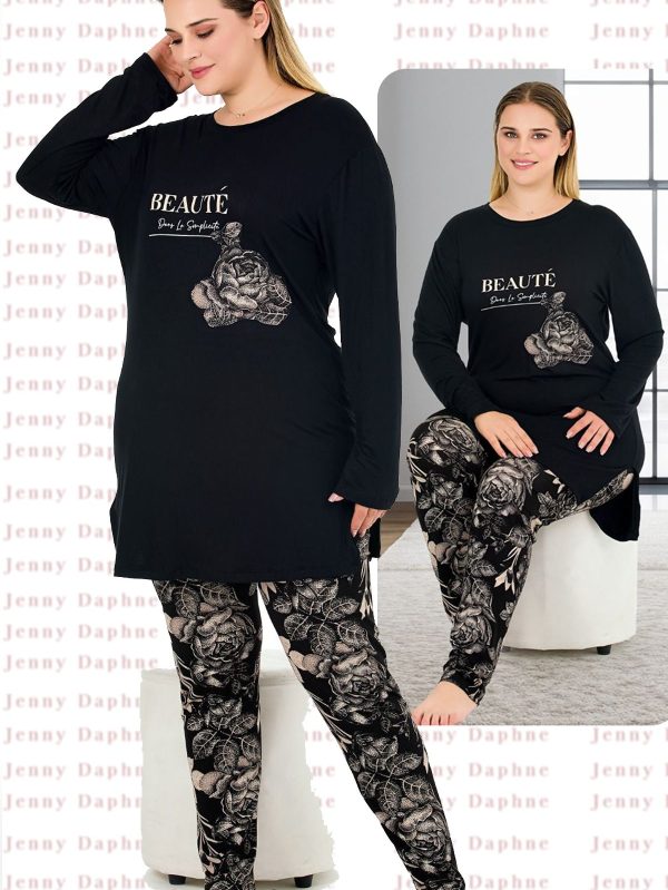 Çiçek Desenli Yumuşacık Pijama ve Uzun Kollu Bisiklet Yaka Üst  Viskon Kumaş Pijama Takımı 11394 - 2XL