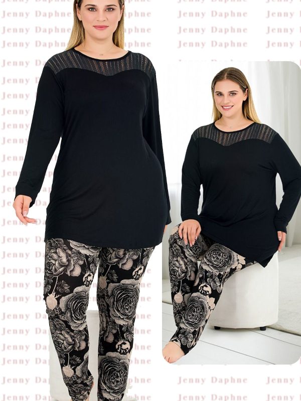 Çiçek Desenli Yumuşacık Pijama ve Uzun Kollu Omuzlar Dantelli Big Size Viskon Pijama Takımı 11390