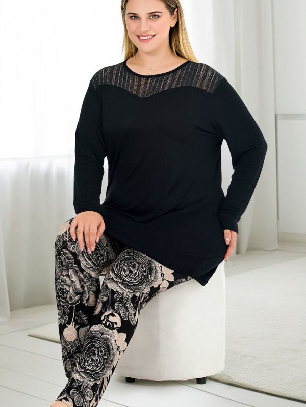 Çiçek Desenli Yumuşacık Pijama ve Uzun Kollu Omuzlar Dantelli Big Size Viskon Pijama Takımı 11390 - Görsel 2