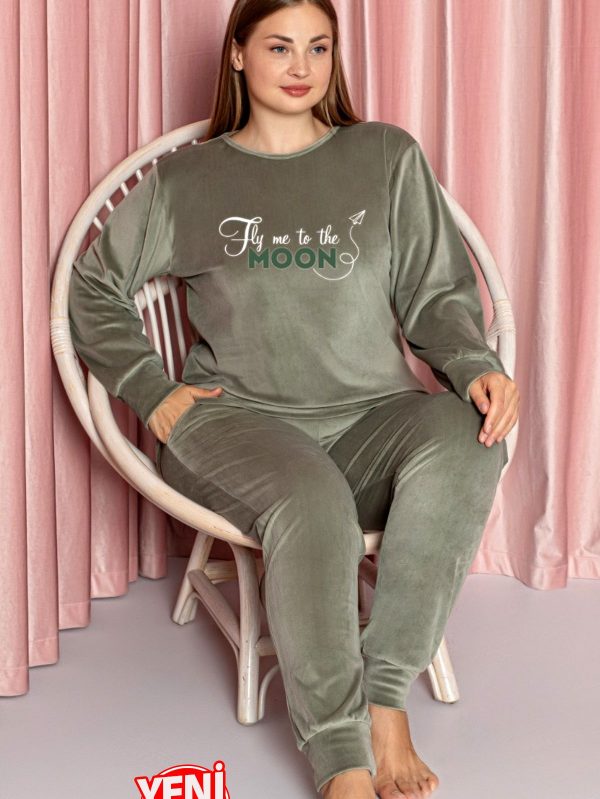Yumuşak Dokulu Açık Yeşil  Renkli Fransız Kadife Pijama Takımı 28509 - Görsel 3