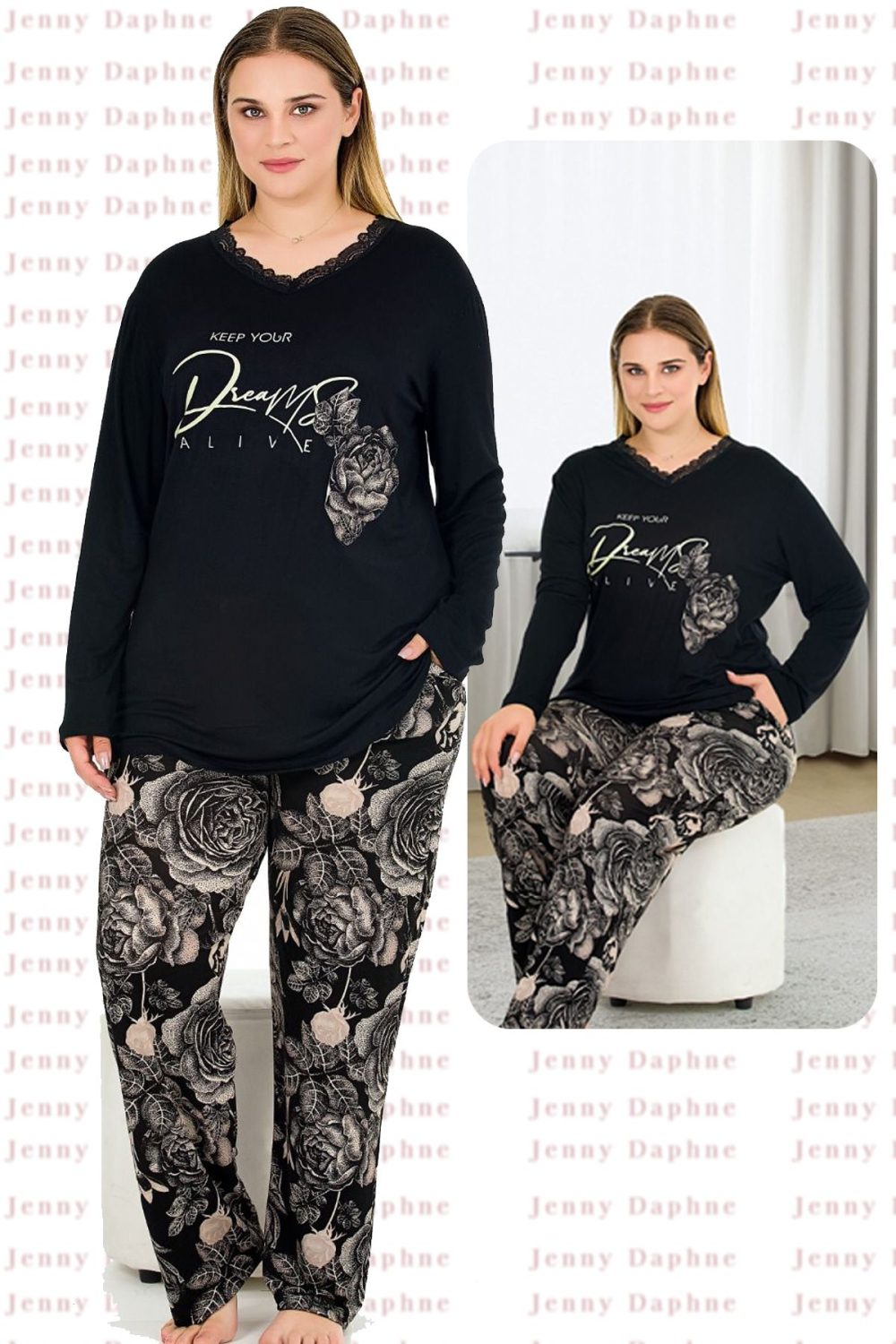 Çiçek Desenli Yumuşacık Pijama ve Dantelli V Yakalı Siyah Üst Viskon Kumaş Pijama Takımı 11381