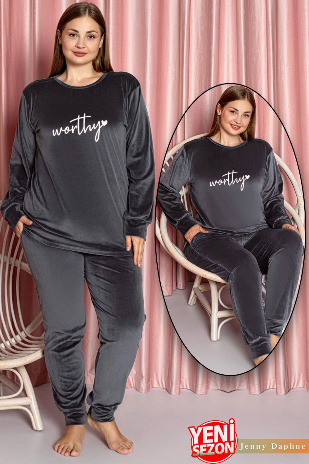Yumuşak Dokulu Gri Renkli Fransız Kadife Pijama Takımı 28503