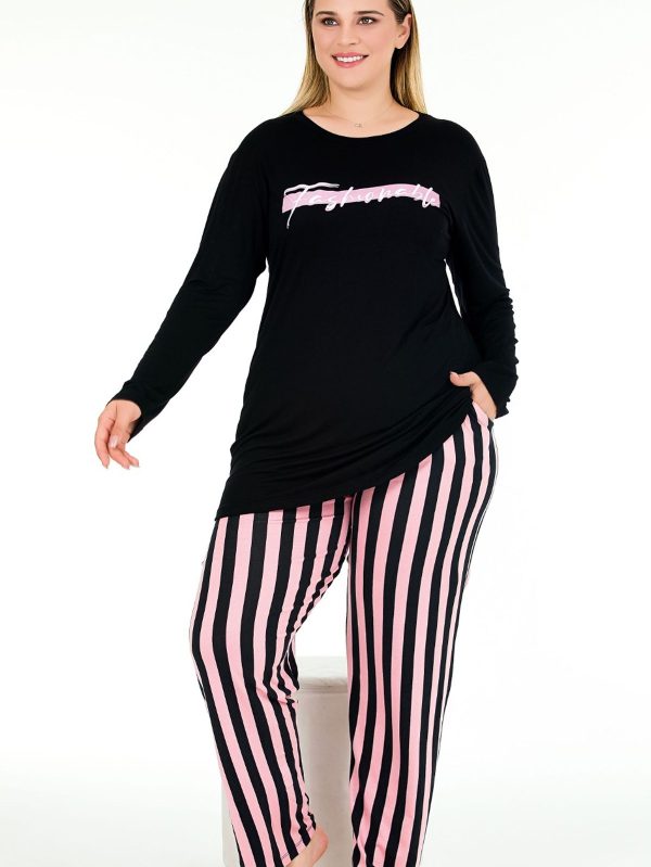 Çizgili Yumuşacık Pijama ve Uzun Kollu Siyah Üst Büyük Beden Viskon Kumaş Pijama Takımı 11395 - 3XL