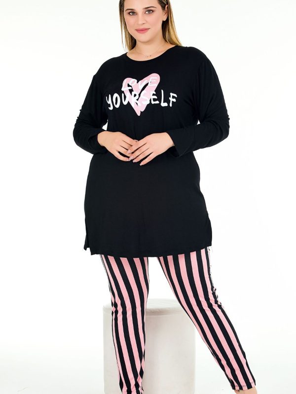 Çizgili Kapri Pijama Uzun Kollu Yandan Yırtmaçlı Üst Büyük Beden Viskon Kapri Pijama Takımı 11400 - Görsel 2