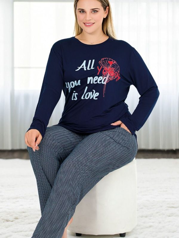 Çizgili Yumuşacık Alt Pijama Uzun Kollu Lacivert Üst Büyük Beden Viskon Kumaş Pijama Takımı 11396 - Görsel 2