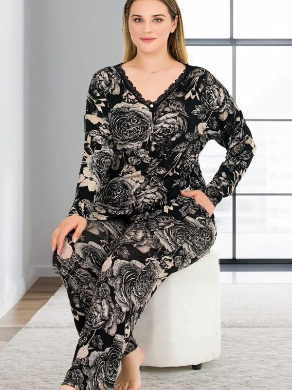 Yaprak Desenli Yumuşacık Pijama Uzun Kollu Düğmeli Üst Büyük Beden Viskon Kumaş Pijama Takımı 11376