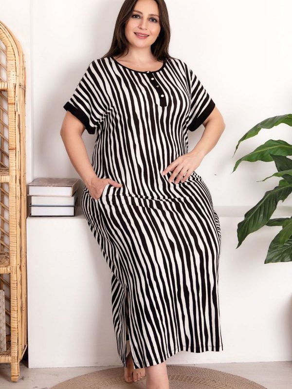 Büyük Beden Viskon Kumaş Anne Beden Elbise Çizgili Gecelik Elbise Battal Beden 7256 - 2XL
