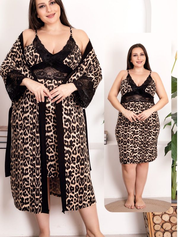 lady viskon kumaş leopar desenli 2li gecelik sabahlık takımı 19204