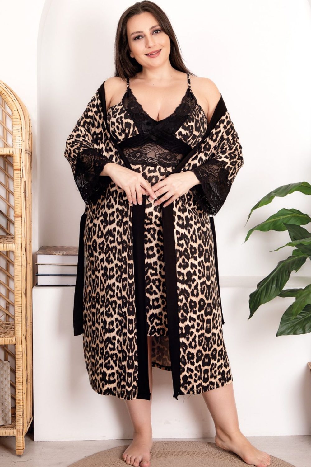 lady viskon kumaş leopar desenli 2li gecelik sabahlık takımı 19204 - Görsel 3