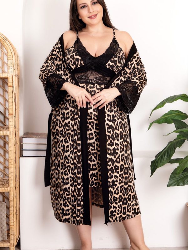 lady viskon kumaş leopar desenli 2li gecelik sabahlık takımı 19204 - Görsel 3