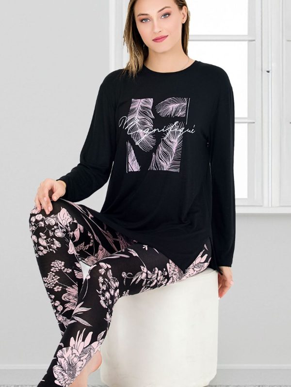 Viskon Kumaş Çiçek Desenli Uzun Kollu Kapri Lady Pijama Takımı 11670 - M