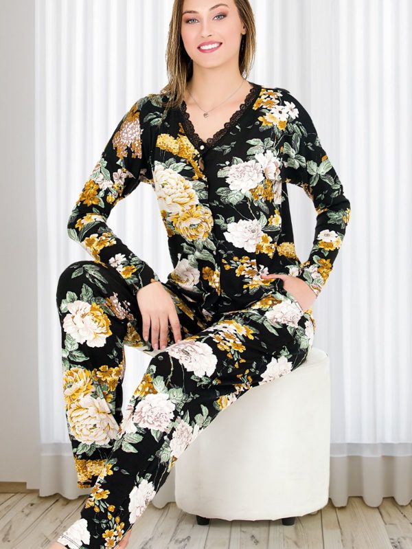 Viskon Kumaş Çiçek Desenli Önden Düğmeli Uzun Kollu Lady Pijama Takımı 11655 - XL