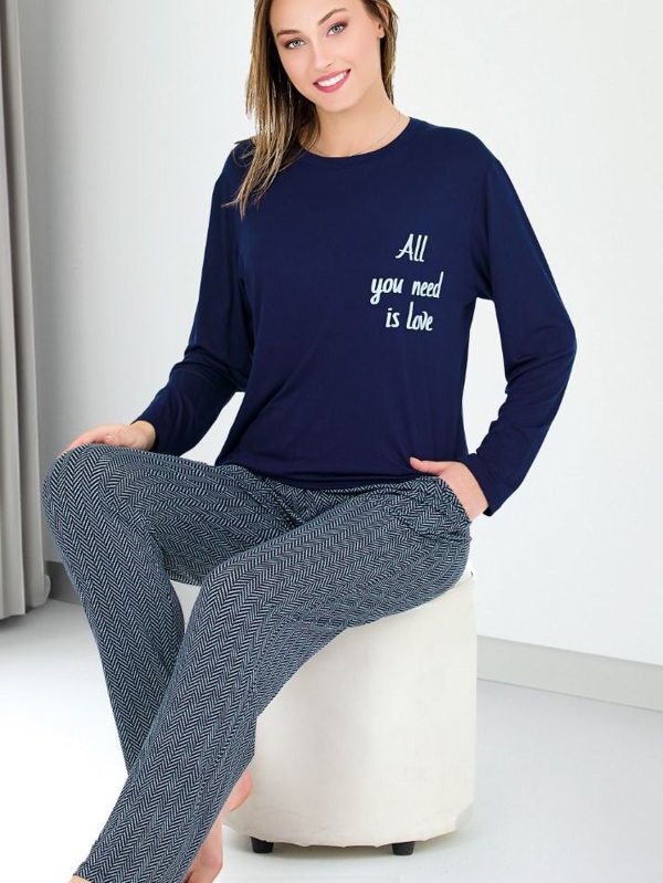 Viskon kumaş lacivert uzun kollu üst ve çizgi motfili uzun lady pijama takımı 11673 - XL