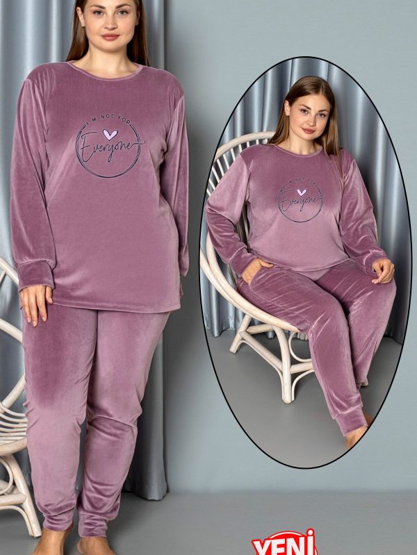 Yumuşak Dokulu Eflatun Renkli Fransız Kadife Pijama Takımı 28502 - 4XL