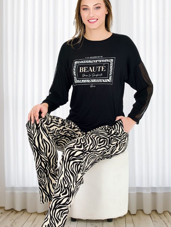 Yumuşacık Viskon Kumaş Zebra Desenli Dantelli Uzun Kollu Pijama Takımı 11677