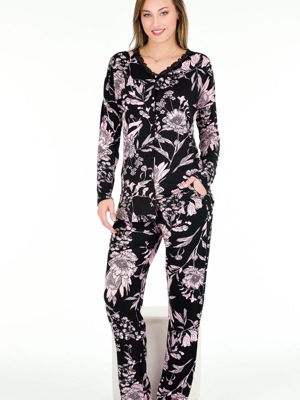 Yumuşacık Viskon Kumaş Çiçek Desenli Düğmeli Uzun Kollu Pijama Takımı 11656 - Görsel 2