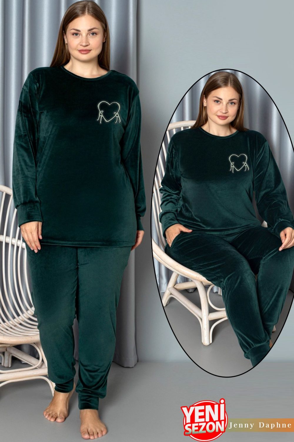 Yumuşak Dokulu Koyu Yeşil Renkli Fransız Kadife Pijama Takımı 28501