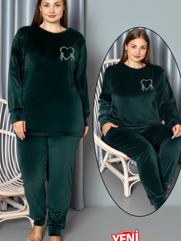 Yumuşak Dokulu Koyu Yeşil Renkli Fransız Kadife Pijama Takımı 28501 - 3XL