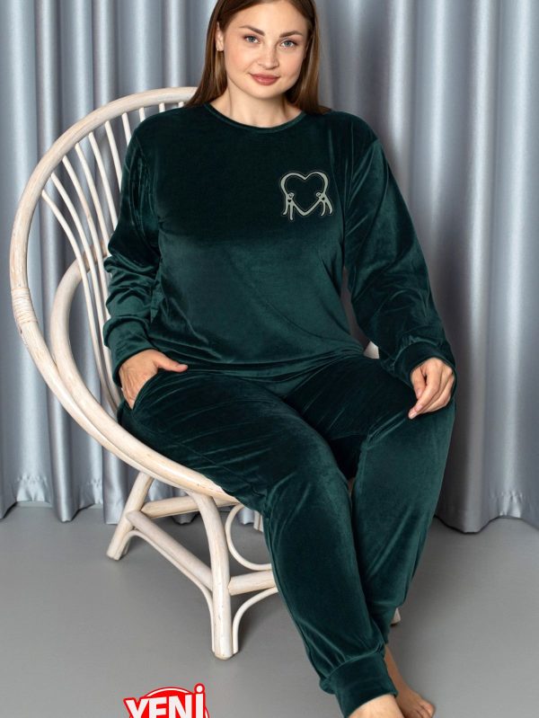 Yumuşak Dokulu Koyu Yeşil Renkli Fransız Kadife Pijama Takımı 28501 - Görsel 2