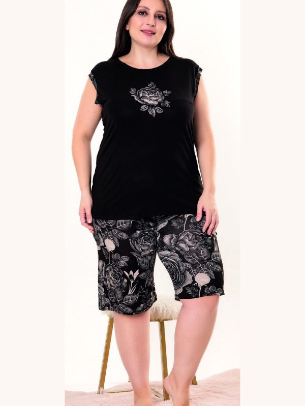 Lady büyük beden çiçek desenli sıfır kollu şortlu pijama takımı 10404