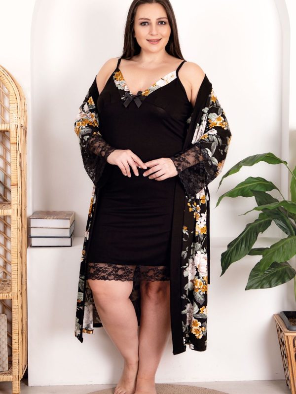 Lady Çiçek Desenli Viskon Kumaş 2li Gecelik Sabahlık Takımı 19202 - 4XL
