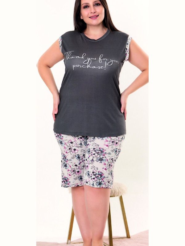 Lady büyük beden çiçek desenli sıfır kollu şortlu pijama takımı 10415 - 4XL