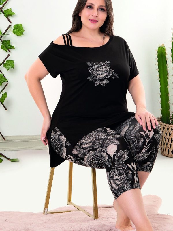 Lady viskon kumaş büyük beden çiçek desenli askılı yaka kısa kollu uzun kapri pijama takımı 10693 - 4XL