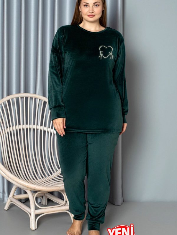 Yumuşak Dokulu Koyu Yeşil Renkli Fransız Kadife Pijama Takımı 28501 - Görsel 3