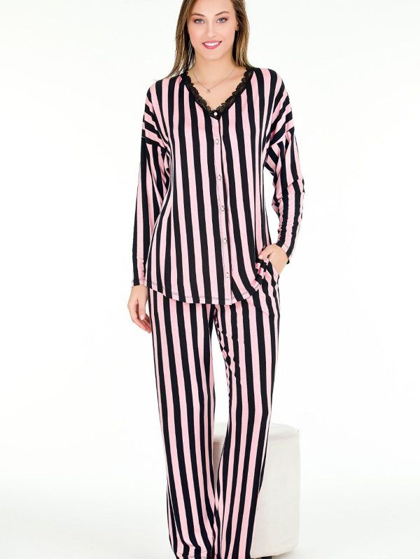 Yumuşacık Viskon Kumaş Çizgi Desenli Uzun Kollu Pijama Takımı 11651 - Görsel 2