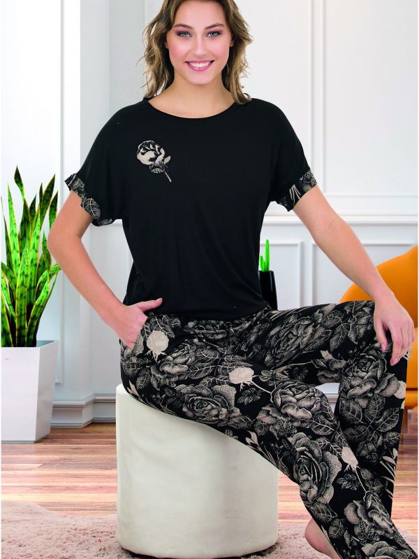 Viskon kumaş lady çiçek desenli tayt normal beden bisiklet yaka kısa kol tişört pijama takımı 12581 - L