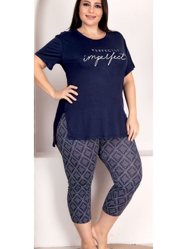Lady viskon kumaş büyük beden kare desenli bisiklet yaka kısa kollu uzun kapri pijama takımı 10708 - 4XL