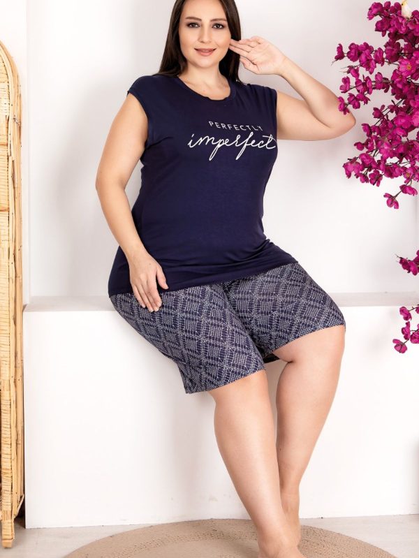 Lady büyük beden çizgili sıfır kollu şortlu pijama takımı 10418 - 4XL
