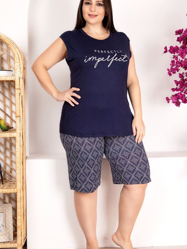 Lady büyük beden çizgili sıfır kollu şortlu pijama takımı 10418 - Görsel 2