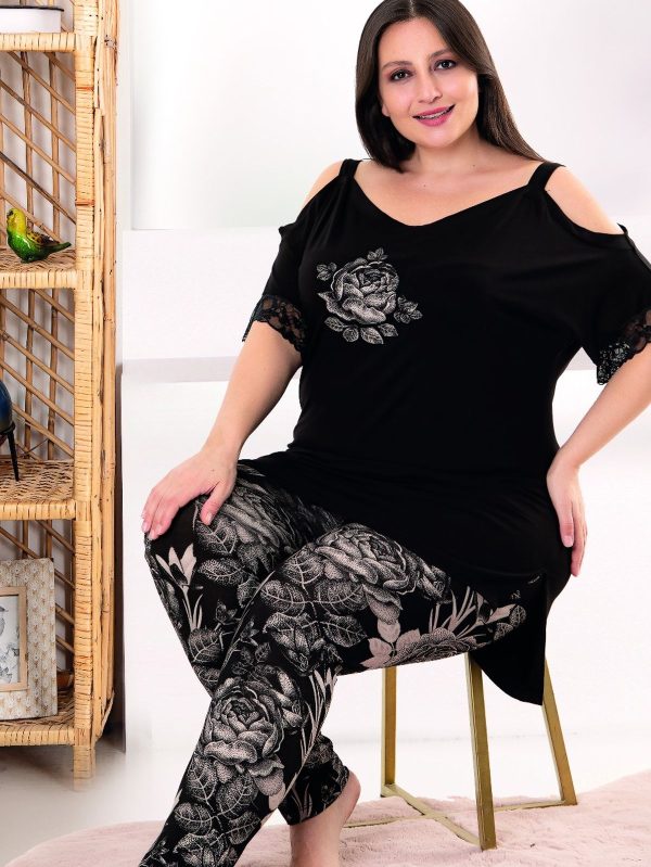 Lady viskon kumaş büyük beden çiçek desenli omuz detaylı kısa kollu uzun pijama takımı 10955 - Görsel 2