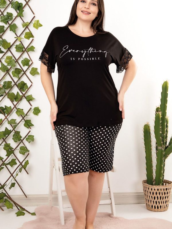 Lady büyük beden puantiyeli kısa kollu dantel detaylı şortlu pijama takımı 10406 - 2XL