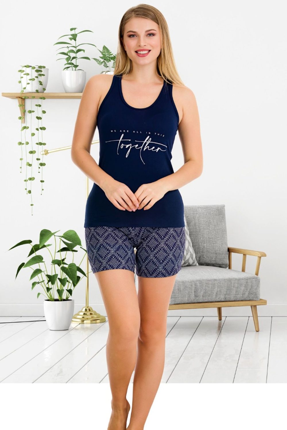 Lady Normal Beden Desenli Sıfır Kollu Şortlu Pijama Takımı 7715