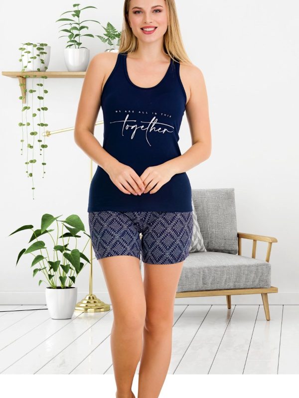 Lady Normal Beden Desenli Sıfır Kollu Şortlu Pijama Takımı 7715 - M