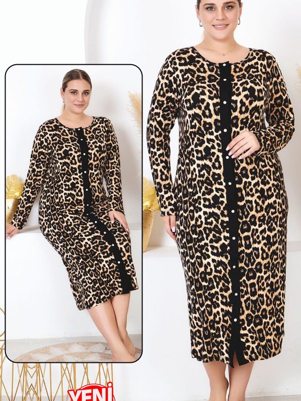 Viskon Kumaş Leopar Desenli Önden Düğmeli Anne Beden Elbise Gecelik Battal Beden 7274 - 3XL