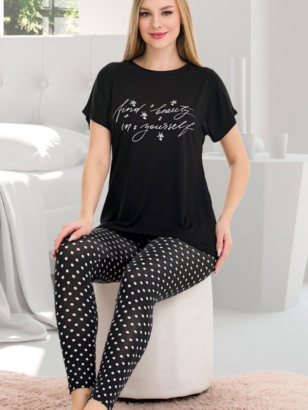 Viskon kumaş lady puantiyeli tayt normal beden bisiklet yaka kısa kol tişört pijama takımı 12565 - XL
